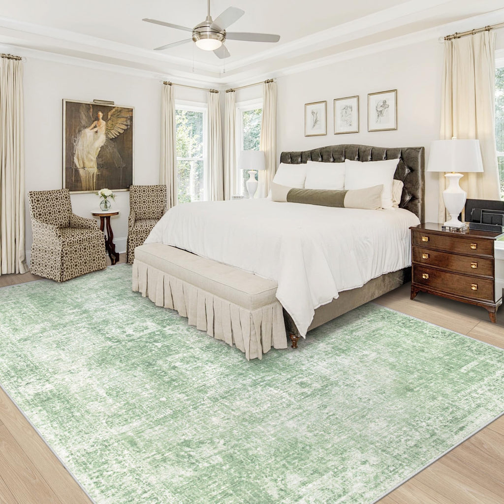 VECARF Area Rug 9x12 Washable Rug, Vintage Boho Medallion Rugs Non-Slip Soft Low Pile Large Distressed Rug Indoor Retro Carpet for Living Room Bedroom Dining Room Home Office (SageGreen, 9'x12')