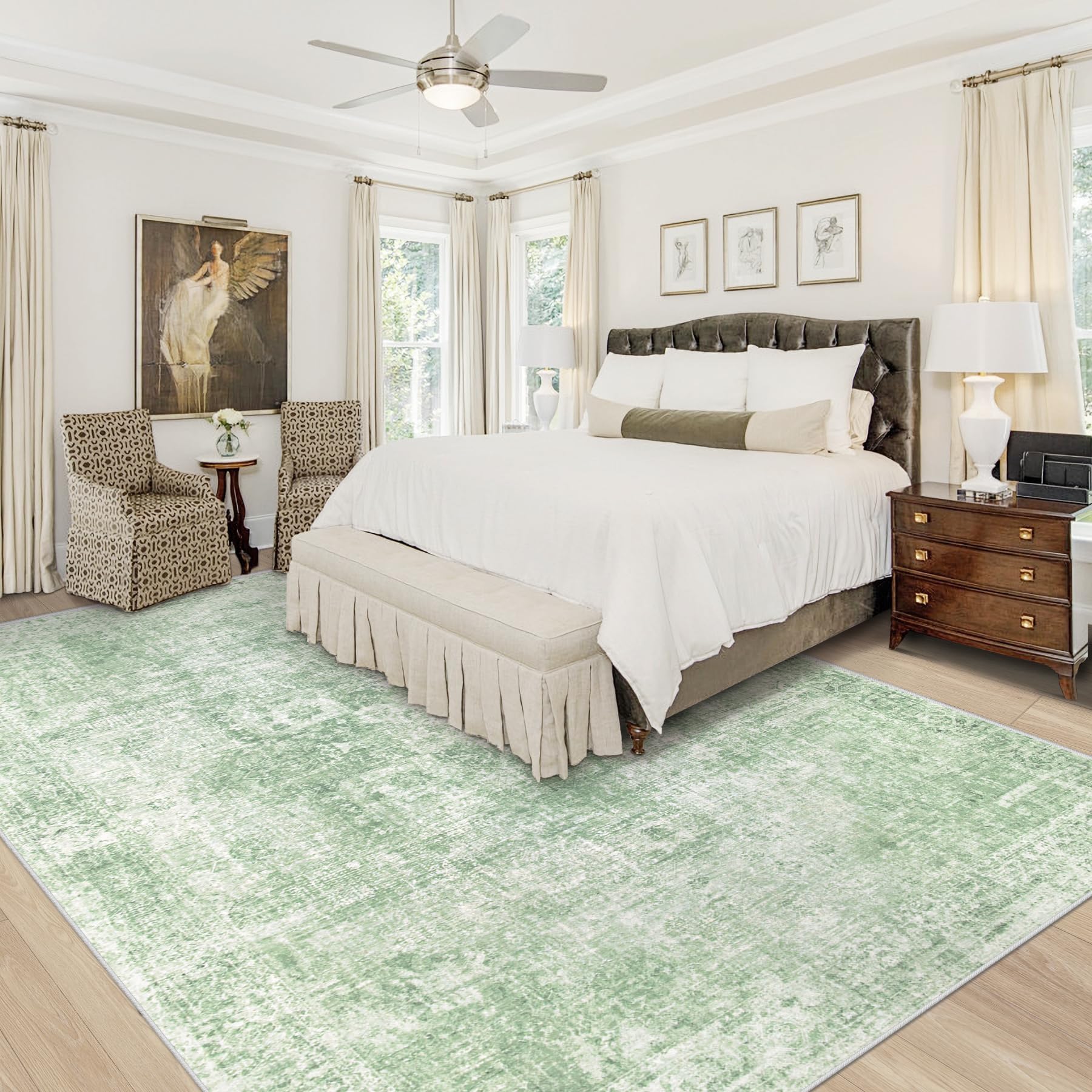 VECARF Area Rug 9x12 Washable Rug, Vintage Boho Medallion Rugs Non-Slip Soft Low Pile Large Distressed Rug Indoor Retro Carpet for Living Room Bedroom Dining Room Home Office (SageGreen, 9'x12')