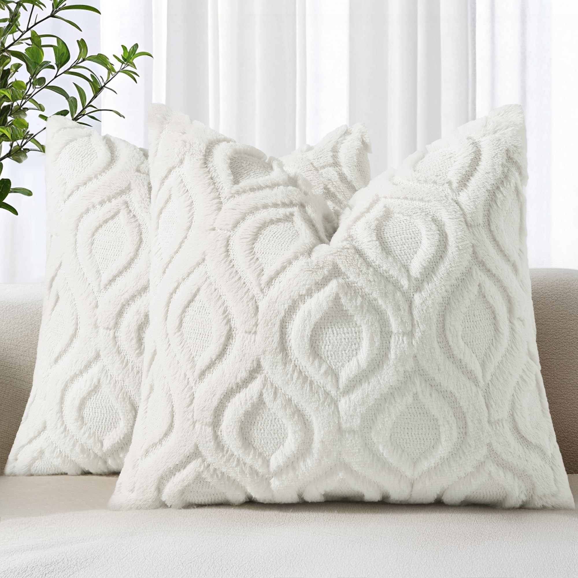 decorUhome Throw Pillow Covers 26x26 Inch Set of 2, Soft Plush Decorative Faux Fur Cream White Solid Couch Pillow Covers, Accent Farmhouse Neutral Square Euro Pillow Cases for Sofa Bed Living Room
