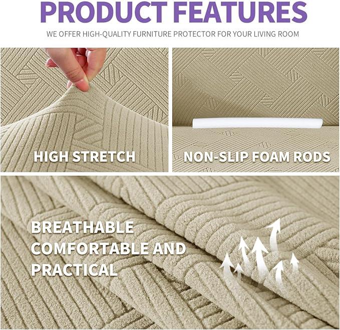 ZNSAYOTX Oversized Super Stretch Couch Cover (92"-115"), New Striped Sofa Covers Comfortable & Durable, Dog Cat Pets Friendly Extra Large Spandex Sofa Slipcovers (Khaki, XL Sofa)