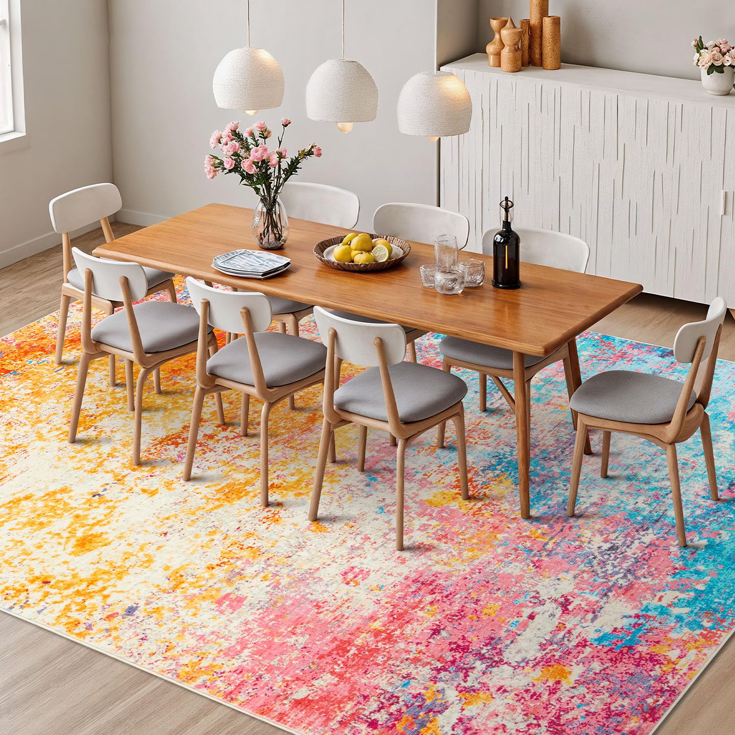 Rugflix 9x12 Area Rugs for Living Room, Washable Colorful Rainbow Large Rug
