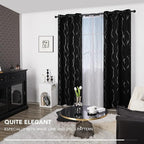 Deconovo Blackout Curtains, Black Curtain, Thermal Insulated Noise‑Reducing Drapes, Wave Line Dot Foil Print, 38 x 84 Inch Long, 2 Panels, Machine‑Washable Window Curtains for Bedroom Living Room