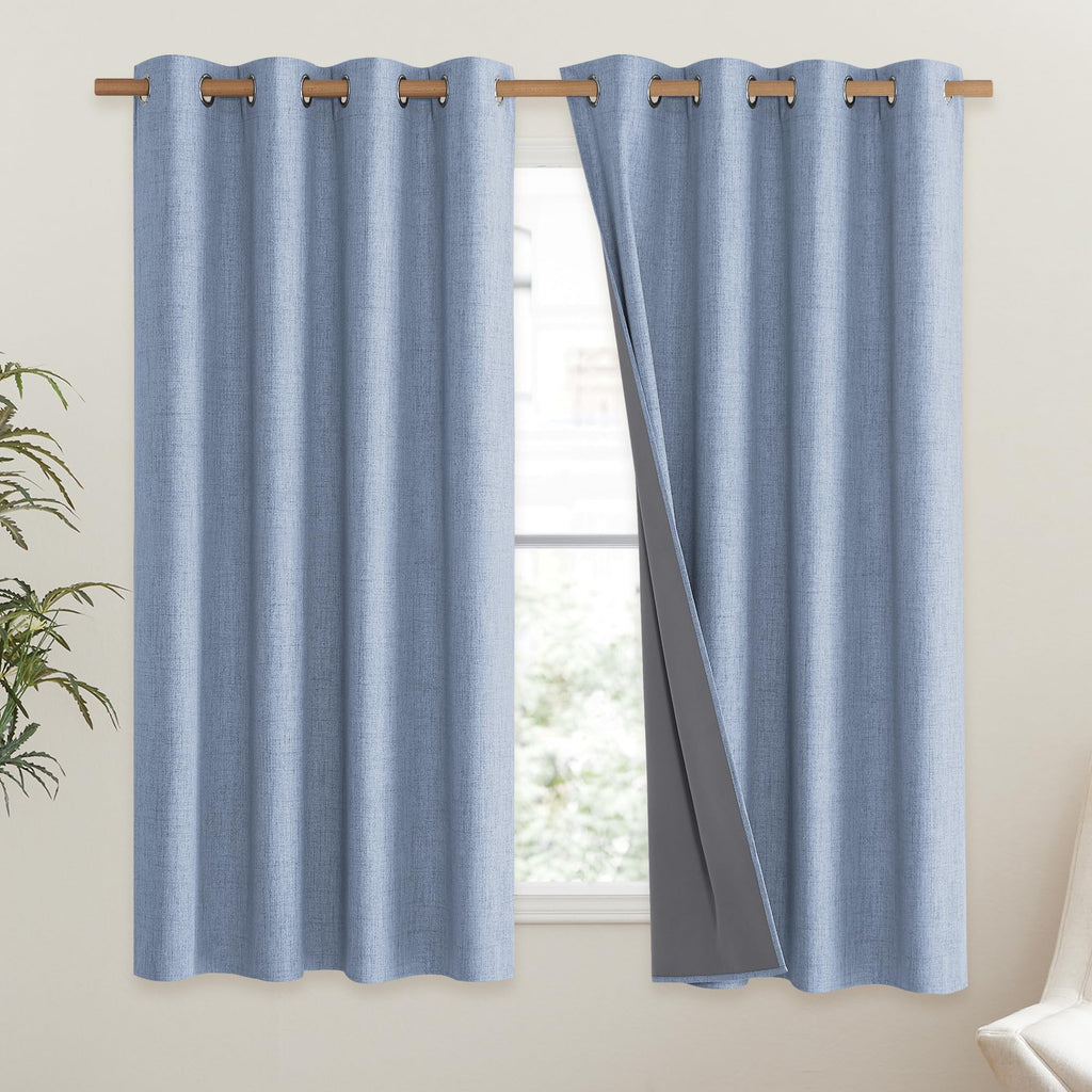 NICETOWN Stone Blue Vintage Linen 100% Blackout Curtains for Living Room, Thermal Insulated Curtains 45" Long, Noise Reducing Window Treatment Drapes for Hall Room, 52" Wide Per Panel, Set of 2
