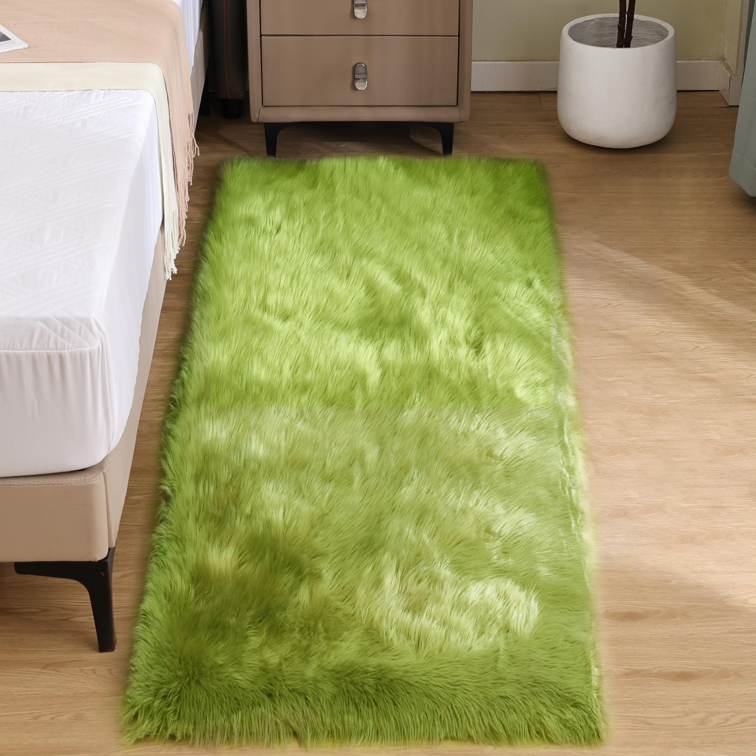 Goolela Lime Green Fluffy Runner Rug 2x6 Faux Fur Fuzzy Furry Rugs for Bedroom Bedside Shaggy Soft Rug Washable Rectangle