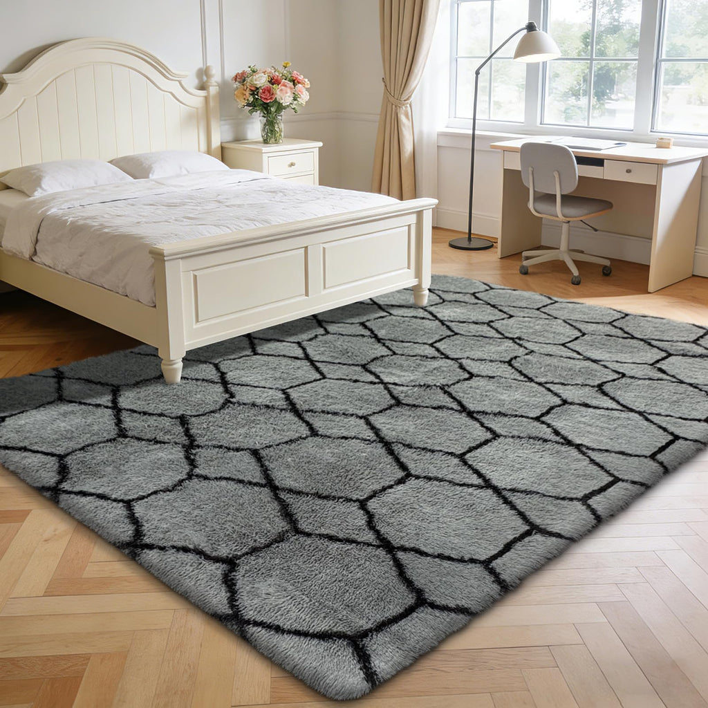5x8 Shag Area Rug for Bedroom,Grey and Black Fluffy Rugs for Living Room