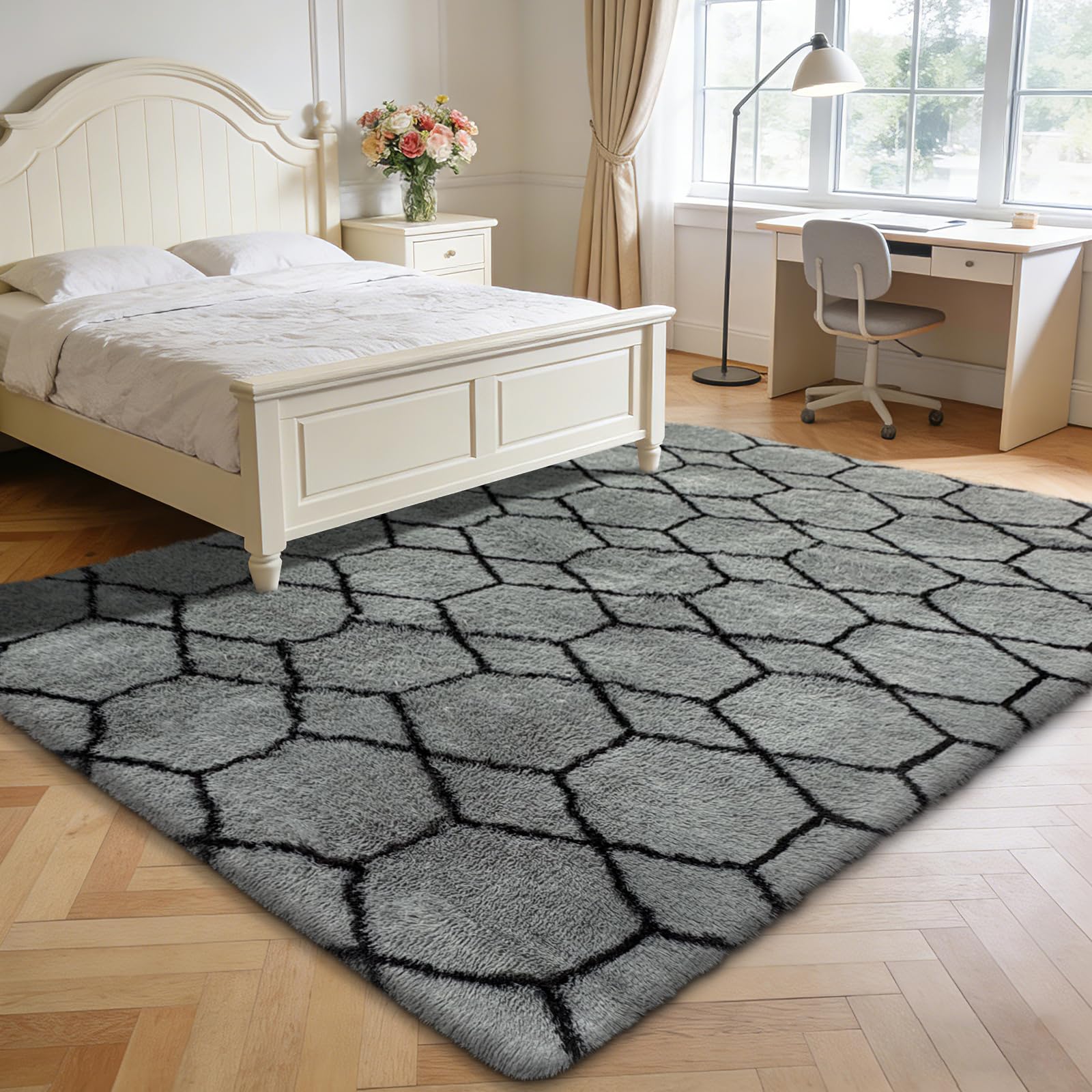 5x8 Shag Area Rug for Bedroom,Grey and Black Fluffy Rugs for Living Room