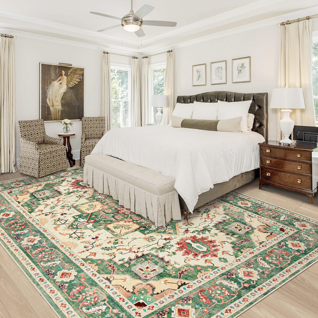 VECARF Area Rug 8x10 Washable Rug, Vintage Boho Medallion Rugs Non-Slip Soft Low Pile Large Distressed Rug Indoor Retro Carpet for Living Room Bedroom Dining Room Home Office (Green Beige, 8'x10')