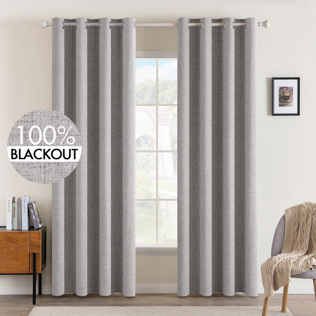 MIULEE 100% Blackout Linen Curtains for Bedroom 52x96 Inches Light Gray
