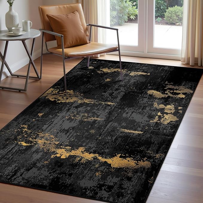 RELEANY Washable 3'x5' Abstract Area Rug for Living Room Black Gold