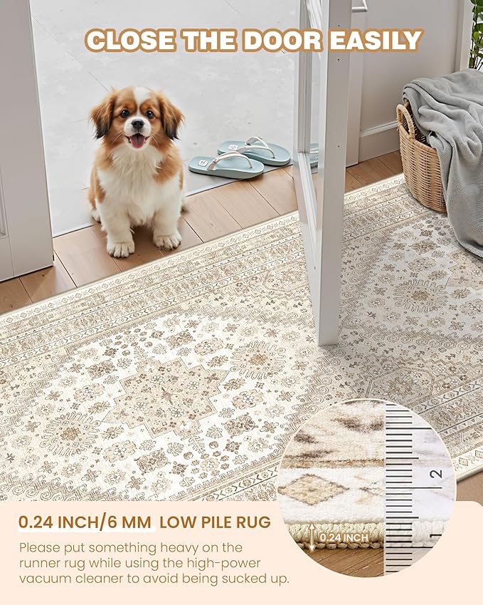 Restydon Washable Runner Rug 2.5x16, Non-Slip Long Kitchen Rugs,Cream/Beige