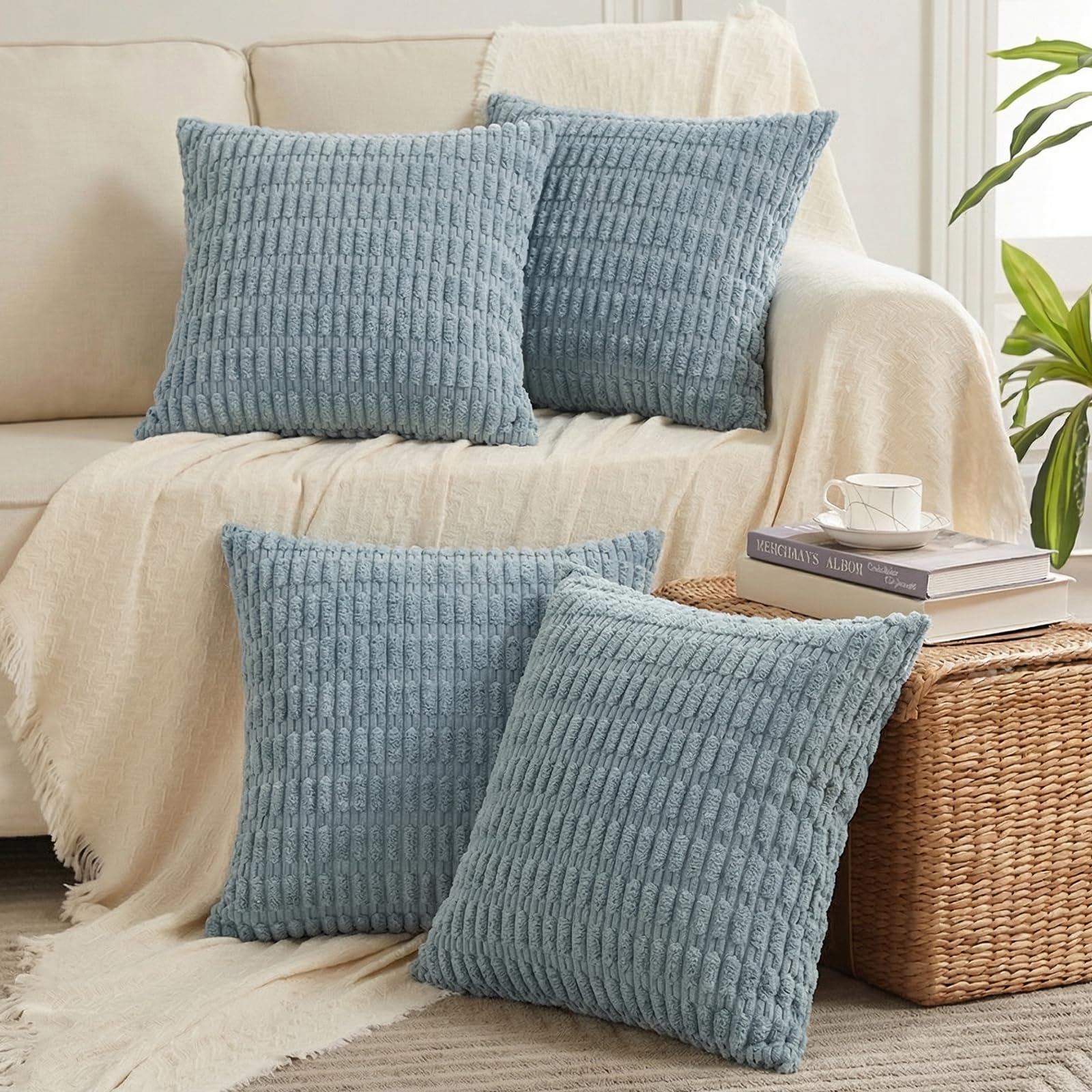 Fancy Homi 4 Packs Decorative Throw Pillow Covers for Living Room Couch Bed, Modern Farmhouse Boho Home Décor Accent Cushion Case, 24" x 24", Light Blue