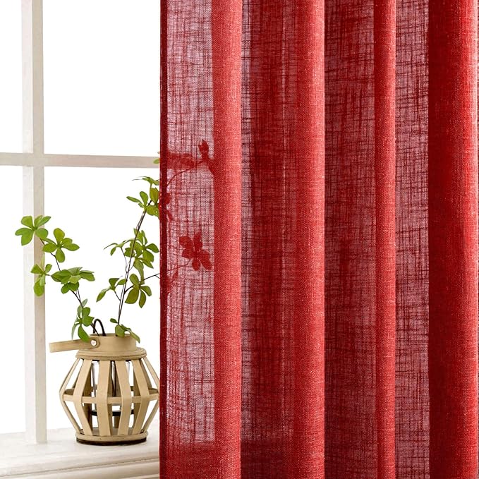 MIULEE Red Linen Short Curtains 52x63 Inch Long 2 Panel for Kitchen Bedroom