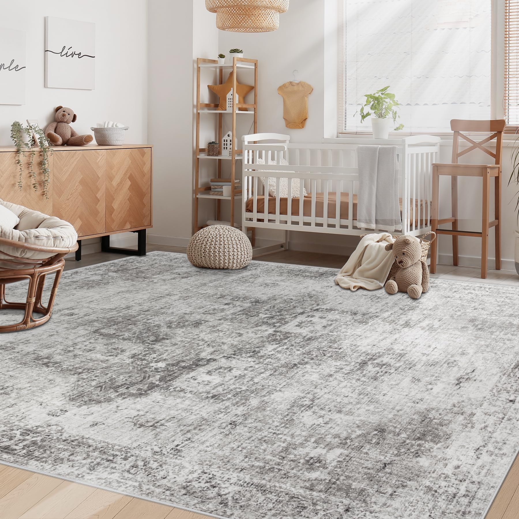 VECARF Area Rug 6x9 Washable Rug, Vintage Boho Medallion Rugs Non-Slip Soft Low Pile Large Distressed Rug Indoor Retro Carpet for Living Room Bedroom Dining Room Home Office (Grey, 6'x9')