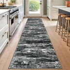 KOZYFLY Modern Abstract Washable Rug Runner 2.6x12 Hallway Rug Runner Non-Slip Soft Kitchen Runner Rugs, Black Grey Striped Carpet for Entryway Bathroom Laundry Room Foyer