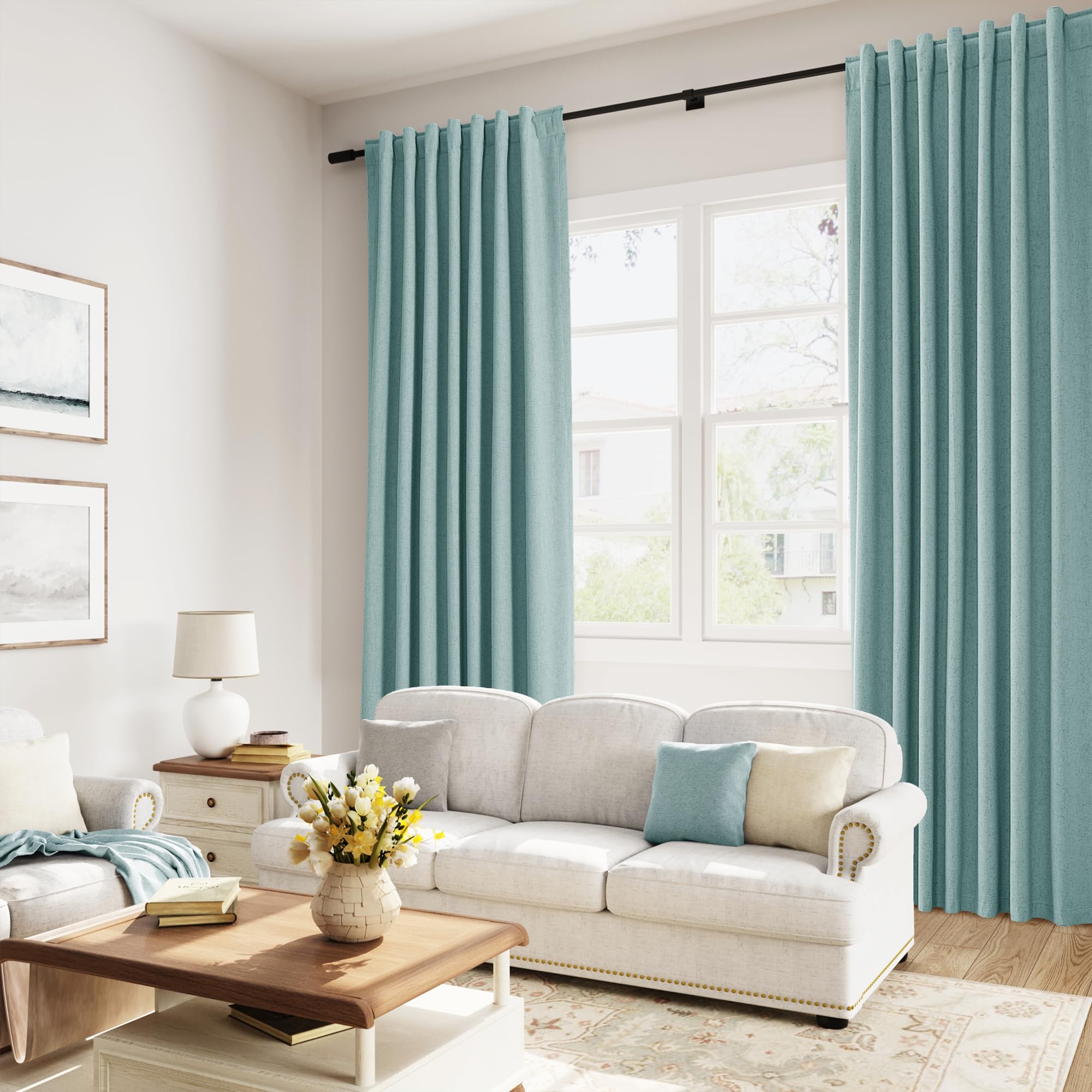 Guken Light Blue 100% Blackout Linen Curtains 100 Inch Length 2 Panels Set for Living Room Back Tab Thermal Insulated Black Out Drapes Room Darkening Farmhouse Style for Bedroom Window Curtains