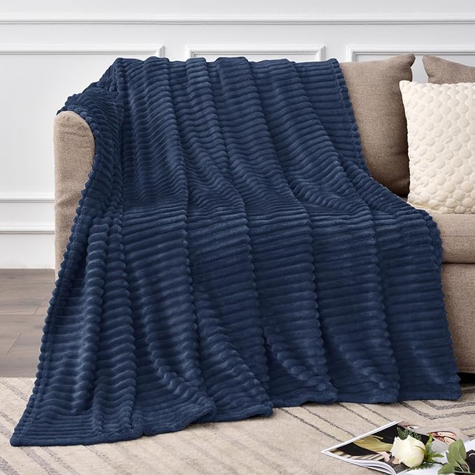 BEDELITE Fleece Blanket Twin Size – 3D Ribbed Jacquard Soft and Warm Decorative Fuzzy Blankets – Cozy, Fluffy, Plush Lightweight Throw Blankets for Couch, Bed, Sofa(Navy Blue, 60x80 inches)
