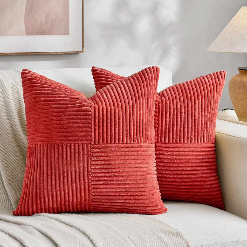 Fancy Homi 2 Packs Tan Decorative Throw Pillow Covers 18x18 Inch for Living Room Couch Bed, Rustic Farmhouse Boho Home Decor, Soft Corss Corduroy Patchwork Textured Square Beige Cushion Case 45x45 cm