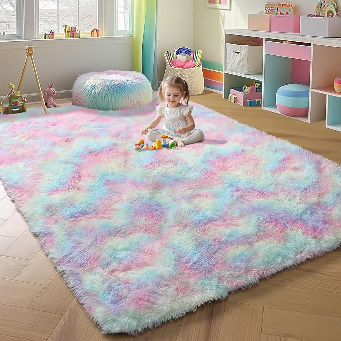 ONASAR Rainbow Area Rugs for Living Room, 5x8 Fluffy Girls Bedroom Rug, Indoor Ultra Soft Plush Shaggy Large Floor Carpets for Nursery Kids Baby Boys Teen Dorm Playroom Home Decor Aesthetic