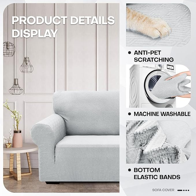 ZNSAYOTX 1 Piece Jacquard Couch Covers for 3 Cushion Couch High Stretch Sofa Cover for Pets Dogs Anti Slip Extra Large Sofa Slipcovers Furniture Protector (X-Large, New Pattern Silver Grey)