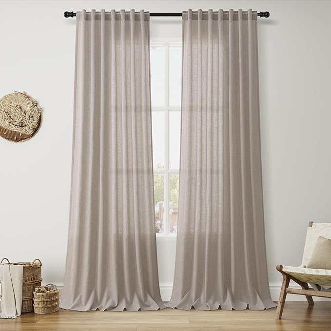 Nanspring Stone Beige Curtains 90 Inches Long for Living Room Linen Light Filtering Semi Sheer Curtain Back Tab Rod Pocket Simple Modern Elegant Farmhouse Decor Drapes for Bedroom 52x90, 2 Panels