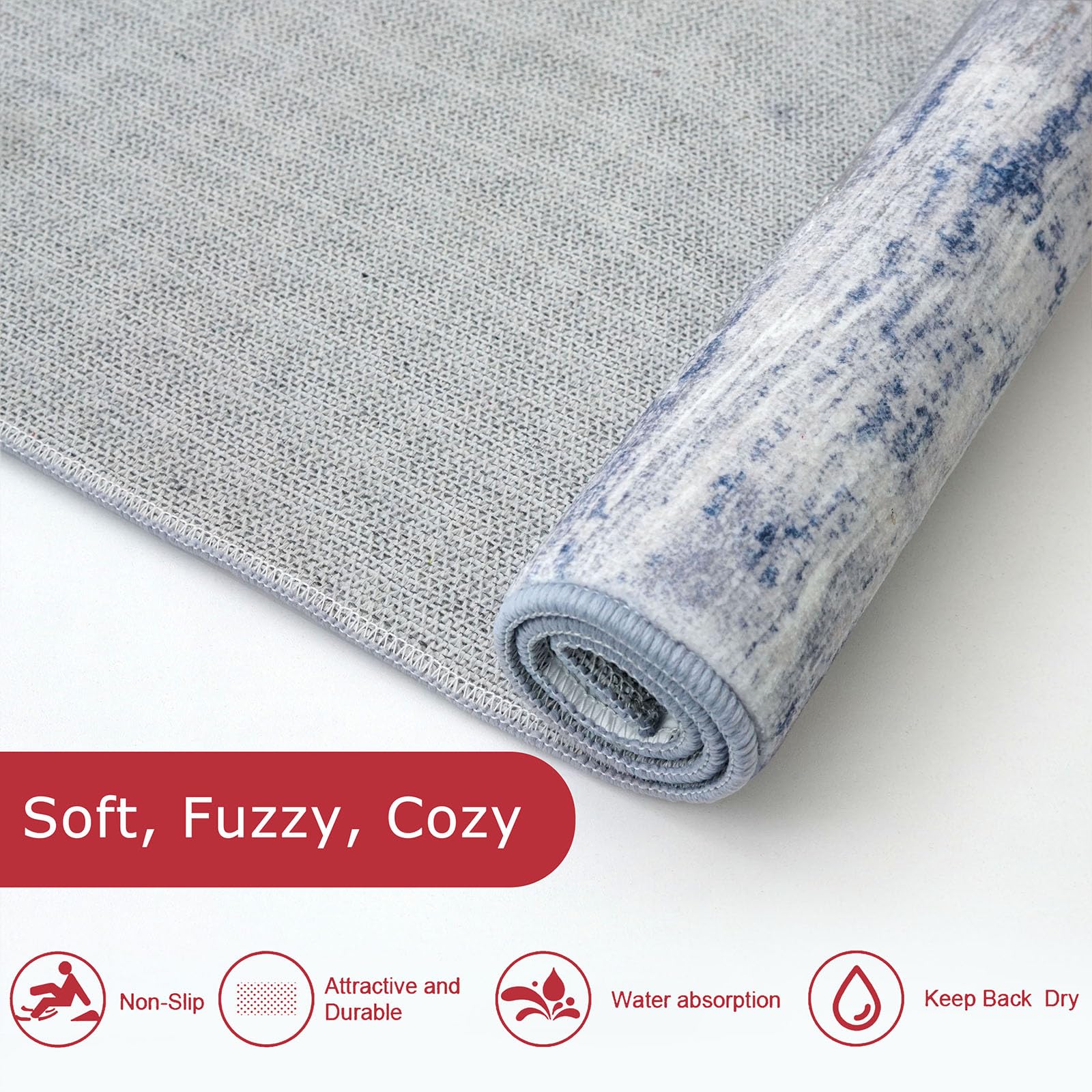 KOZYFLY Modern Abstract Hallway Runner, 2x12 Washable Rug Runner Non-Slip Soft Striped Kitchen Runner Rug, Grey Blue Print Carpet for Entryway Bathroom Laundry Room Foyer