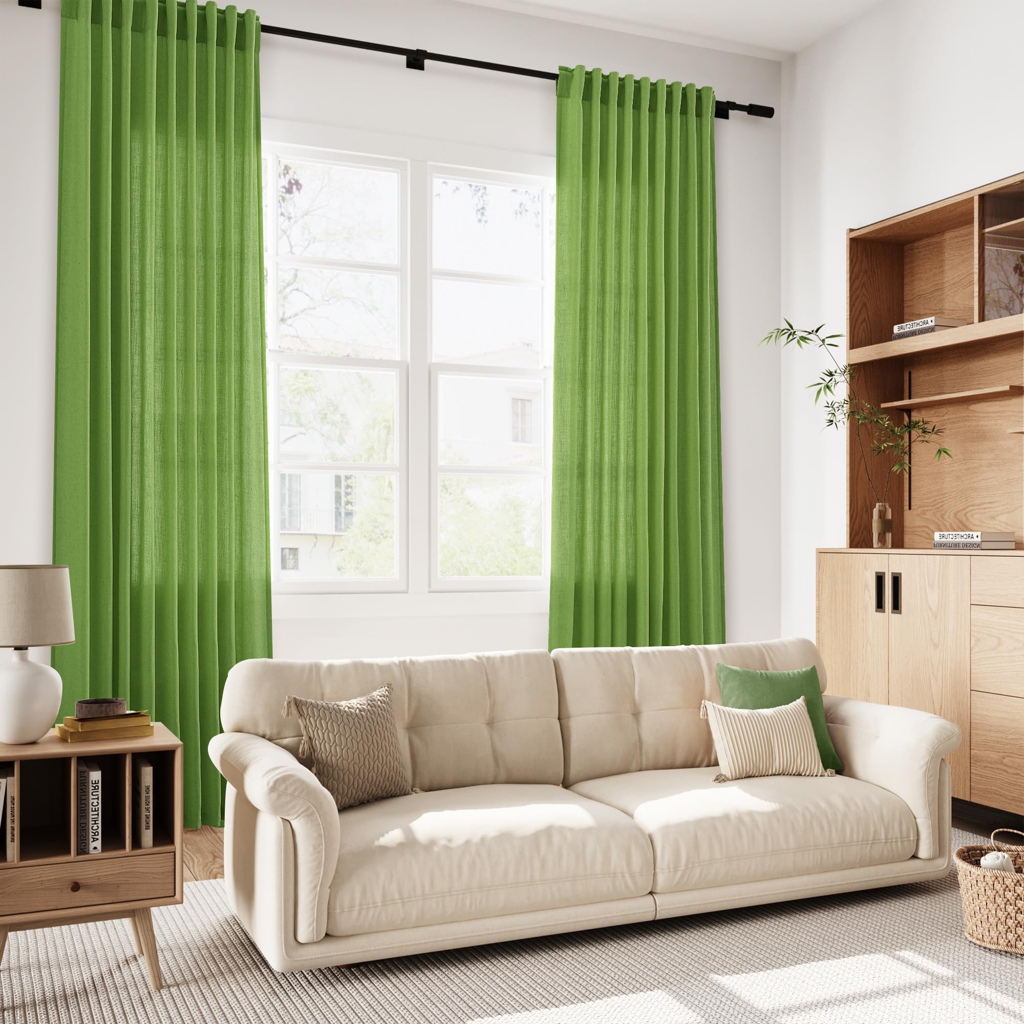 Nanspring Lime Green Linen Blend Light Filtering Back Tab Curtains 102 Inches Long, Semi Sheer Privacy Drapes for Living Room & Bedroom, 52x102 inch, 2 Panels