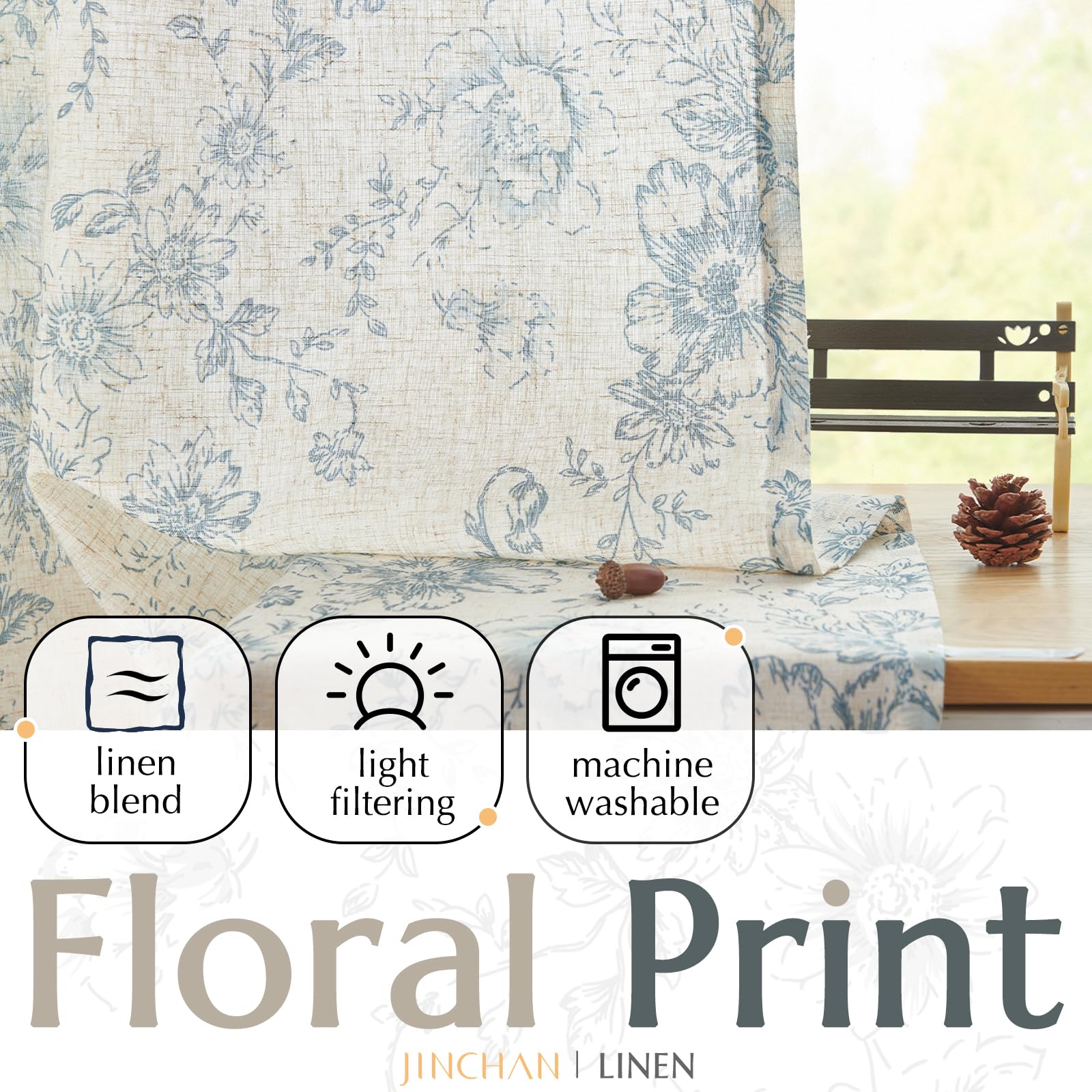 jinchan Vintage Floral Linen Curtains 84 Long for Living Room 2 Panels