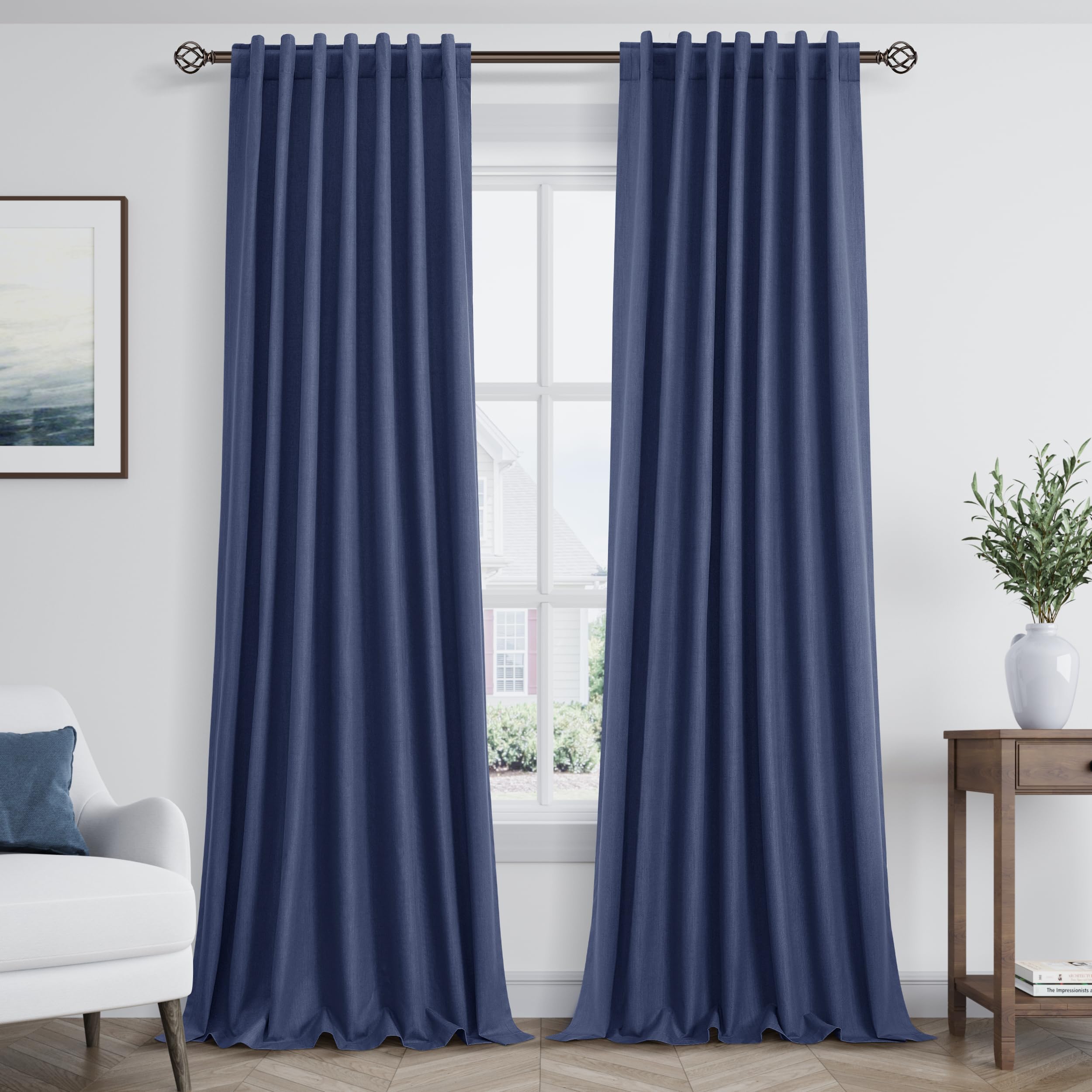 Guken 100% Blackout Curtains 120 Inch Length 2 Panels Set for Living Room Bedroom Back Tab Thermal Insulated Black Out Linen Drapes Room Darkening Window Curtains Classic Blue 52x120