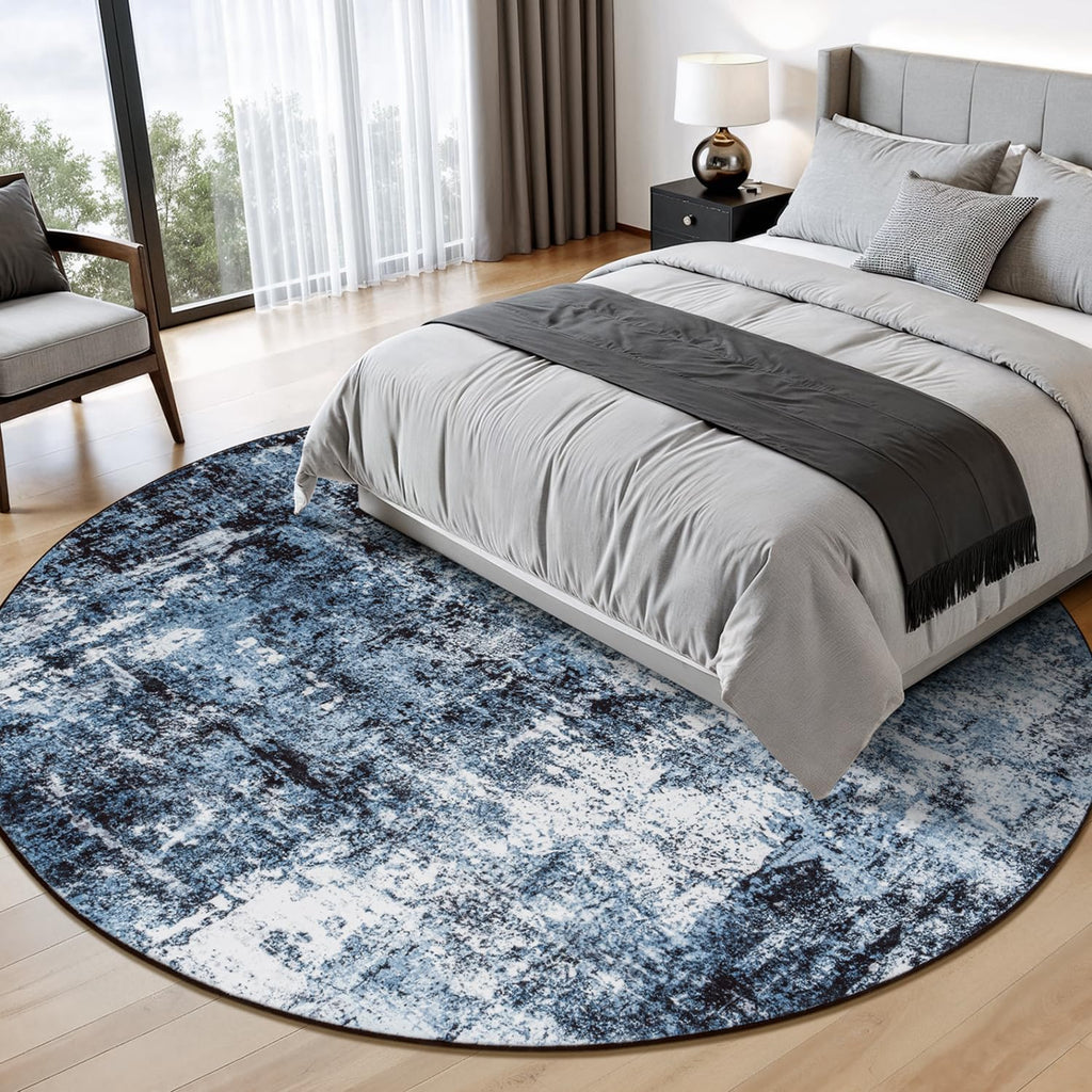 Rugflix Round Area Rugs 8Ft for Living Room, Washable Navy Blue Circle Rug