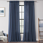 Navy Blue Curtains 86 inch Length for Bedroom Back Tab Light Filtering Semi Sheer Blue Living Room Curtains Linen Cotton Textured Indigo Blue Drapery Panel Modern Farmhouse Aesthetic Decor Dark Blue