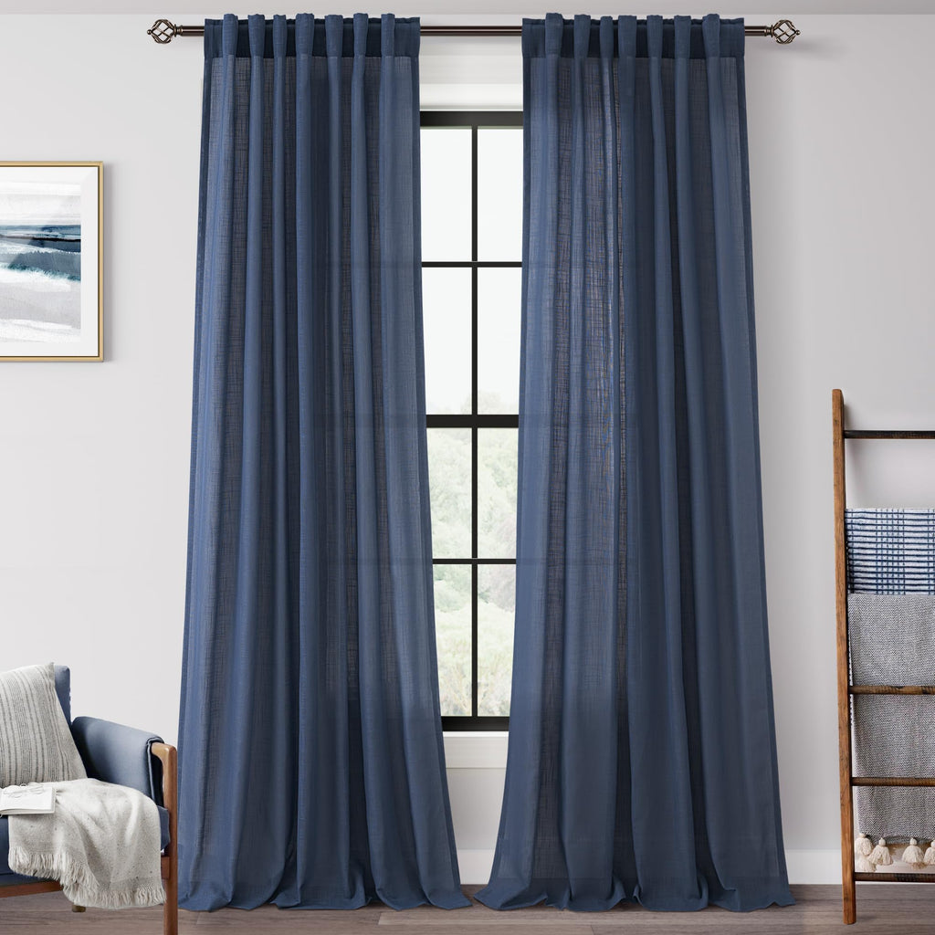 Navy Blue Curtains 92 inch Length for Bedroom Back Tab Light Filtering Semi Sheer Blue Living Room Curtains Linen Cotton Textured Indigo Blue Drapery Panel Modern Farmhouse Aesthetic Decor Dark Blue