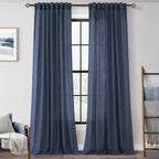 Navy Blue Curtains 92 inch Length for Bedroom Back Tab Light Filtering Semi Sheer Blue Living Room Curtains Linen Cotton Textured Indigo Blue Drapery Panel Modern Farmhouse Aesthetic Decor Dark Blue