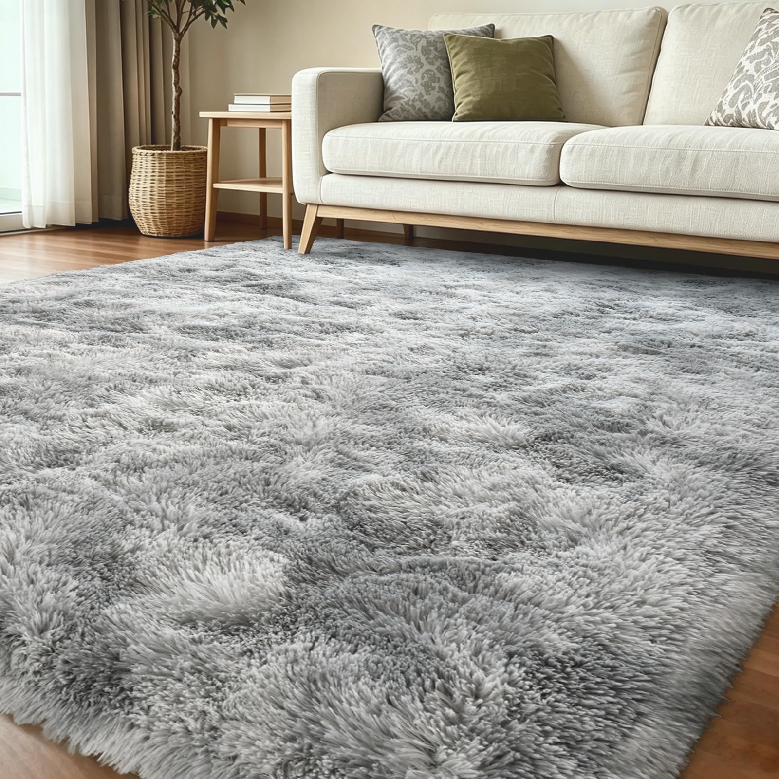5x8 Ft Large Shag Rugs for Living Room, Tie Dyed Ultra Soft Fluffy Furry Area Rugs for Bedroom Indoor Floor, Aesthetic Carpet for Kids Home Decor (Light Grey)