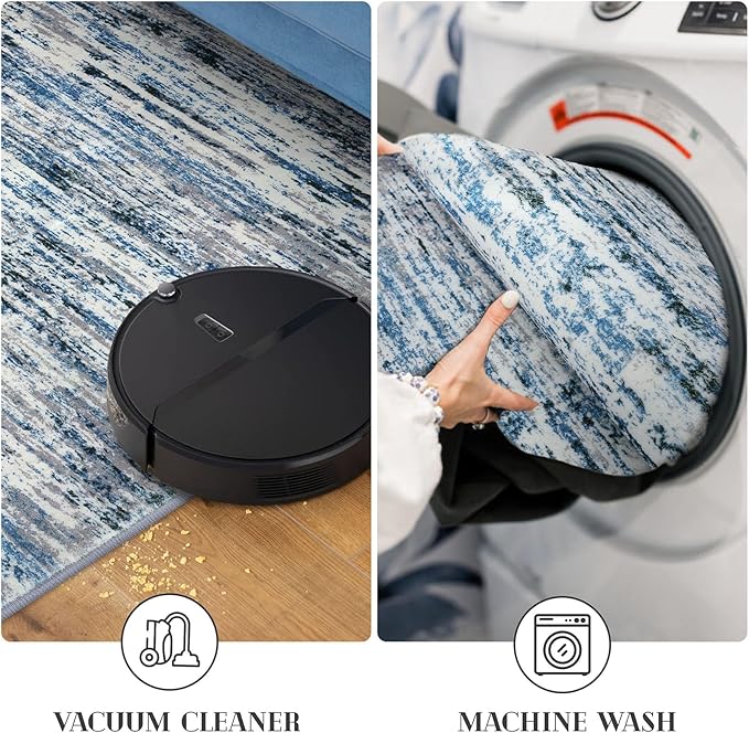 Lansny Modern Abstract Runner Rug 2.6x14, Grey Blue White Washable Long Kitchen Runner Non-Slip Soft Hallway Rug Runner Thin Print Faux Wool Carpet for Entryway Bedroom Laundry Room Indoor Home Decor