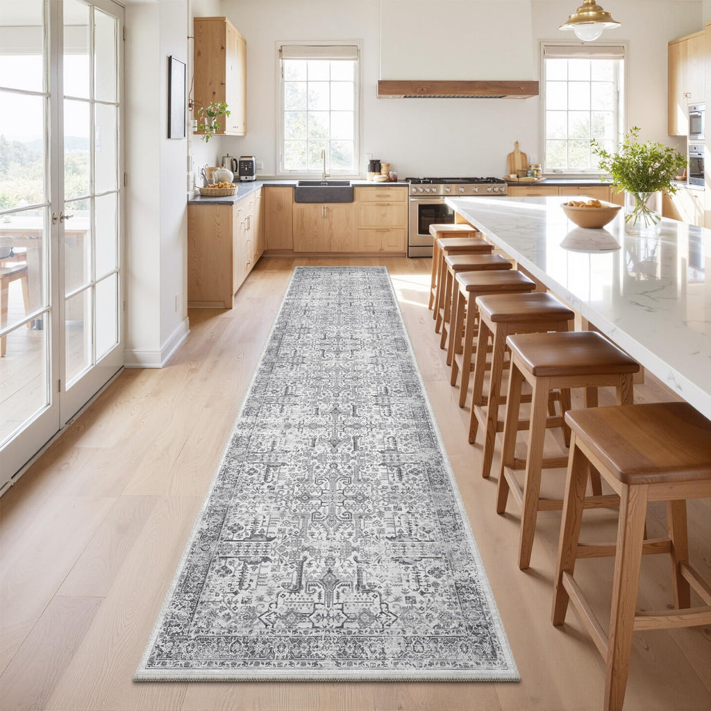 Hallway Washable Runner Rug 2x12 - Non Slip Vintage Kitchen Runner Rugs for Entryway Low-Pile Waterproof Long Runners for Living Room Bedroom Medallion Indoor Floor Mat for Bathroom Laundry Grey