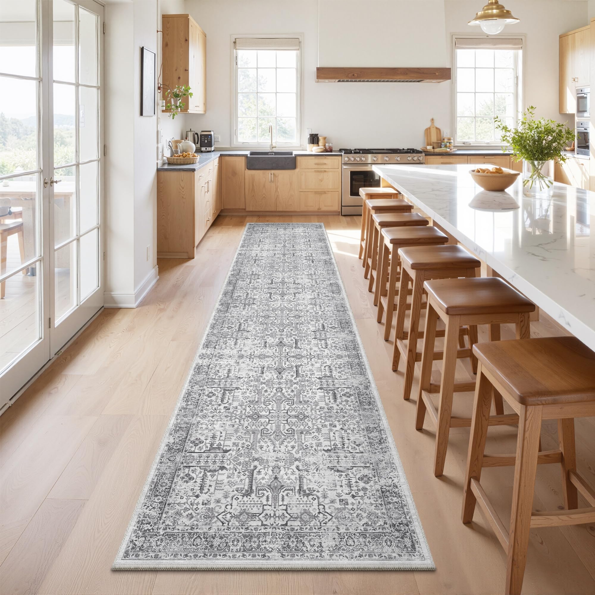 Hallway Washable Runner Rug 2x12 - Non Slip Vintage Kitchen Runner Rugs for Entryway Low-Pile Waterproof Long Runners for Living Room Bedroom Medallion Indoor Floor Mat for Bathroom Laundry Grey