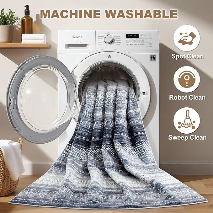 Nakagishi 8x10 Area Rugs Living Room: Washable Boho Large Neutral Soft Modern Rug Stain Resistant Moroccan Non Slip Indoor Floor Carpet for Bedroom Nursery Kids Playroom Office Dining Room- Blue