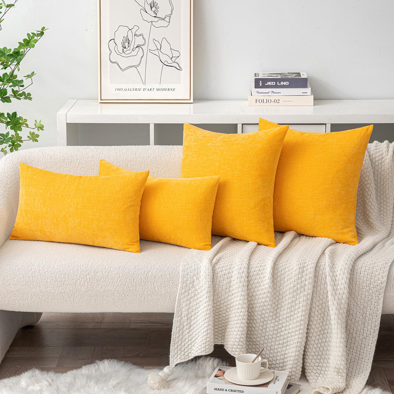 MIULEE Soft Chenille Throw Pillow Covers Goose Yellow 18x18 Inch Pack of 2