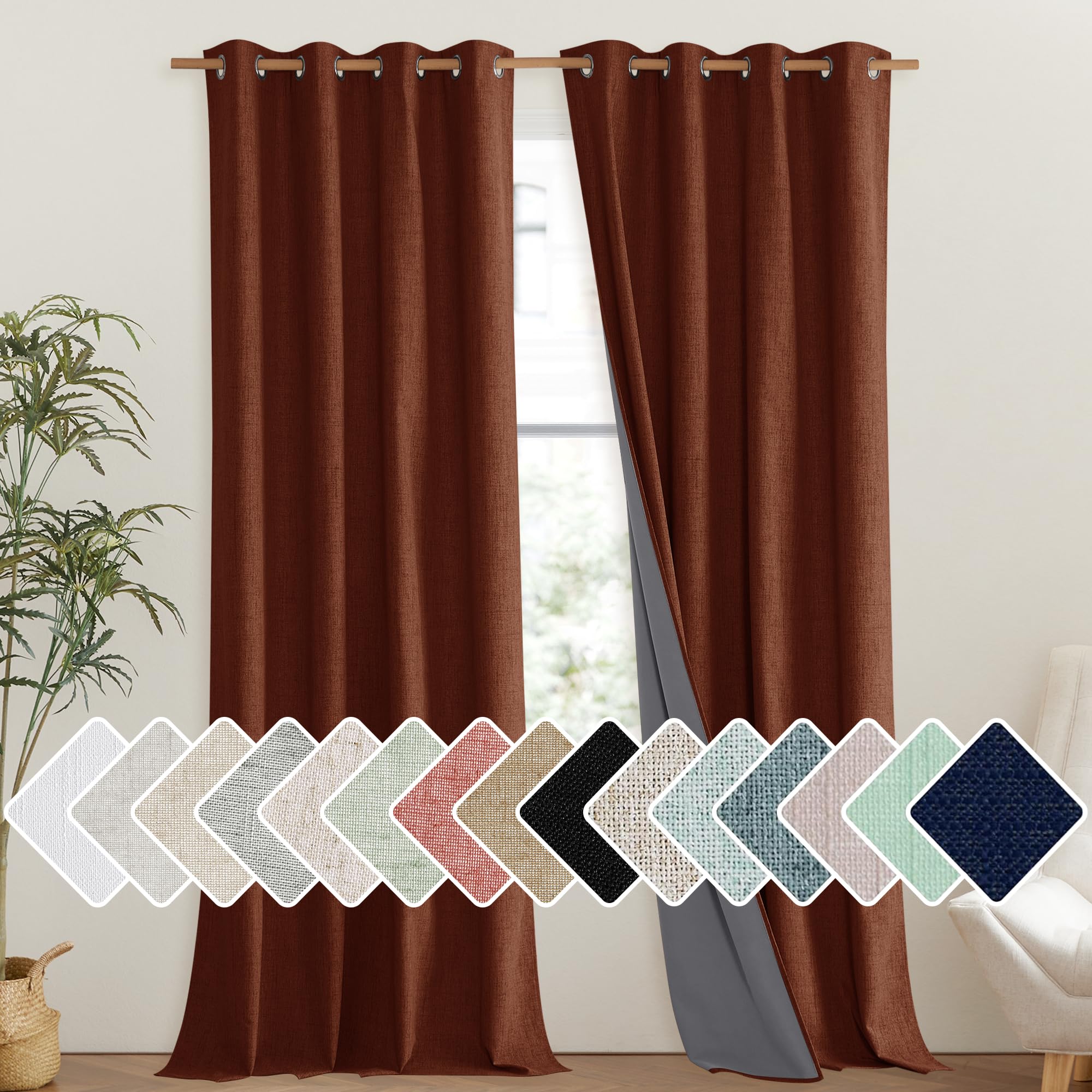NICETOWN 100% Absolutely Blackout Linen Curtains with Thermal Insulated Liner, 52" Wide, 2 Panels, 108" Long Drapes, Grommet Retro Burnt Orange Linen Curtains Vertical Drapes Privacy for Bedroom