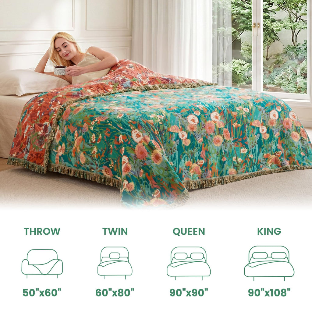 MSGKV Boho Throw Blanket 60"x80" 100% Cotton Floral Blanket for Couch Sofa