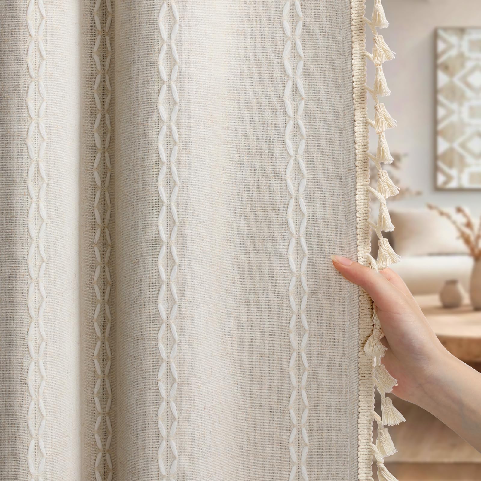 XOGUIBO 80% Boho Blackout Curtains 84 Inch Linen Blend Drapes 2 Panels