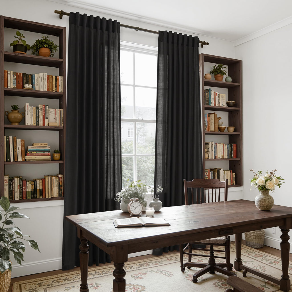 Vintage Black Linen Curtains for Living Room 72 Inches Long Light Filtering Semi Sheer Curtain Back Tab and Rod Pocket Privacy Luxury Gothic Vintage Decor Drapes for Bedroom Office 52x72, 2 Panels