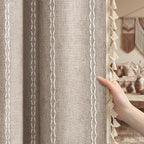 Brown Boho Blackout Curtains 2 Panels 84 Inch for Living Room Bedroom, Warm Taupe Linen Texture Farmhouse Curtains with Tassels and White Cotton Embroidery Vintage Rustic Country Western