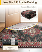 RELEANY Area Rugs 9'x12' Washable Non-Slip, Floral Vintage Distress Print Pattern Medallion Carpet for Living Room Bedroom Dining Room, Red Black