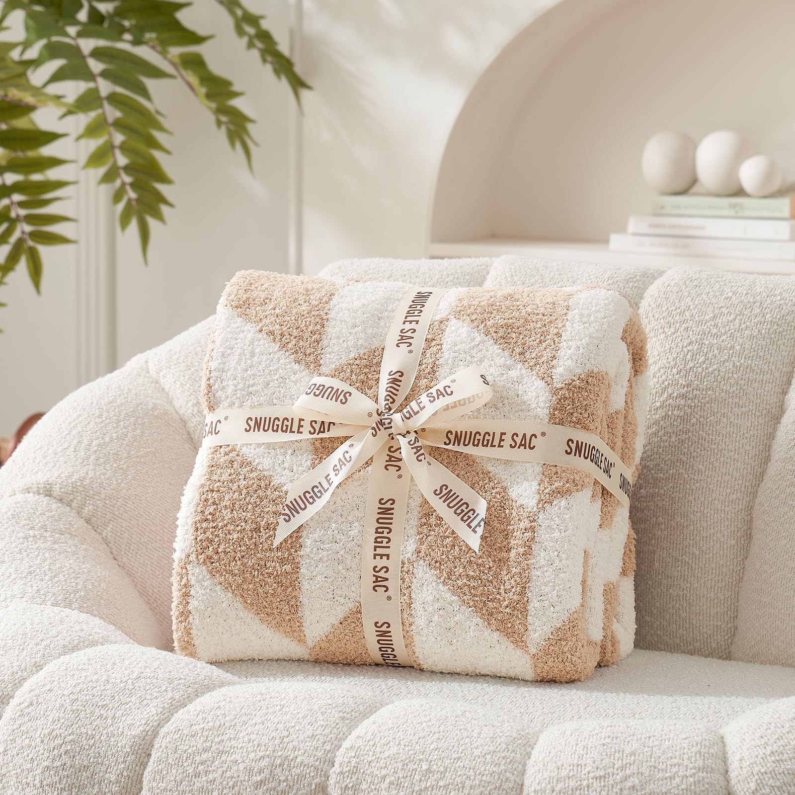 Snuggle Sac Chevron Throw Blanket for Couch, Reversible Super Soft Warm Blankets Cozy Knit Fuzzy Plush Lightweight Throws for Sofa, Bed, Camping, Beige,50x60 inches