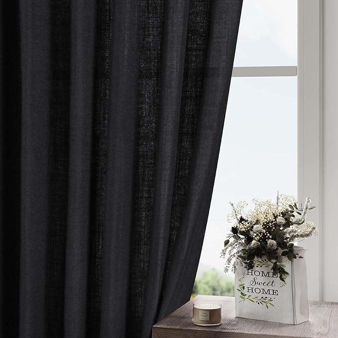 Nanspring Extra Long Black Curtain 102 inches Long 2 Panels Set for Living Room Back Tab Modern Farmhouse Muslin Look Decor Cotton Textured Sheer Linen Curtains 102 inch Length for Large Window