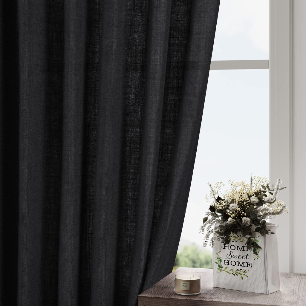 Black Linen Curtains 132 inch Extra Long for Living Room Back Tab Light Filtering Semi Sheer Drapes Modern Farmhouse Muslin Look Decor Cotton Textured Curtain for Floor to Ceiling Window 11 FT
