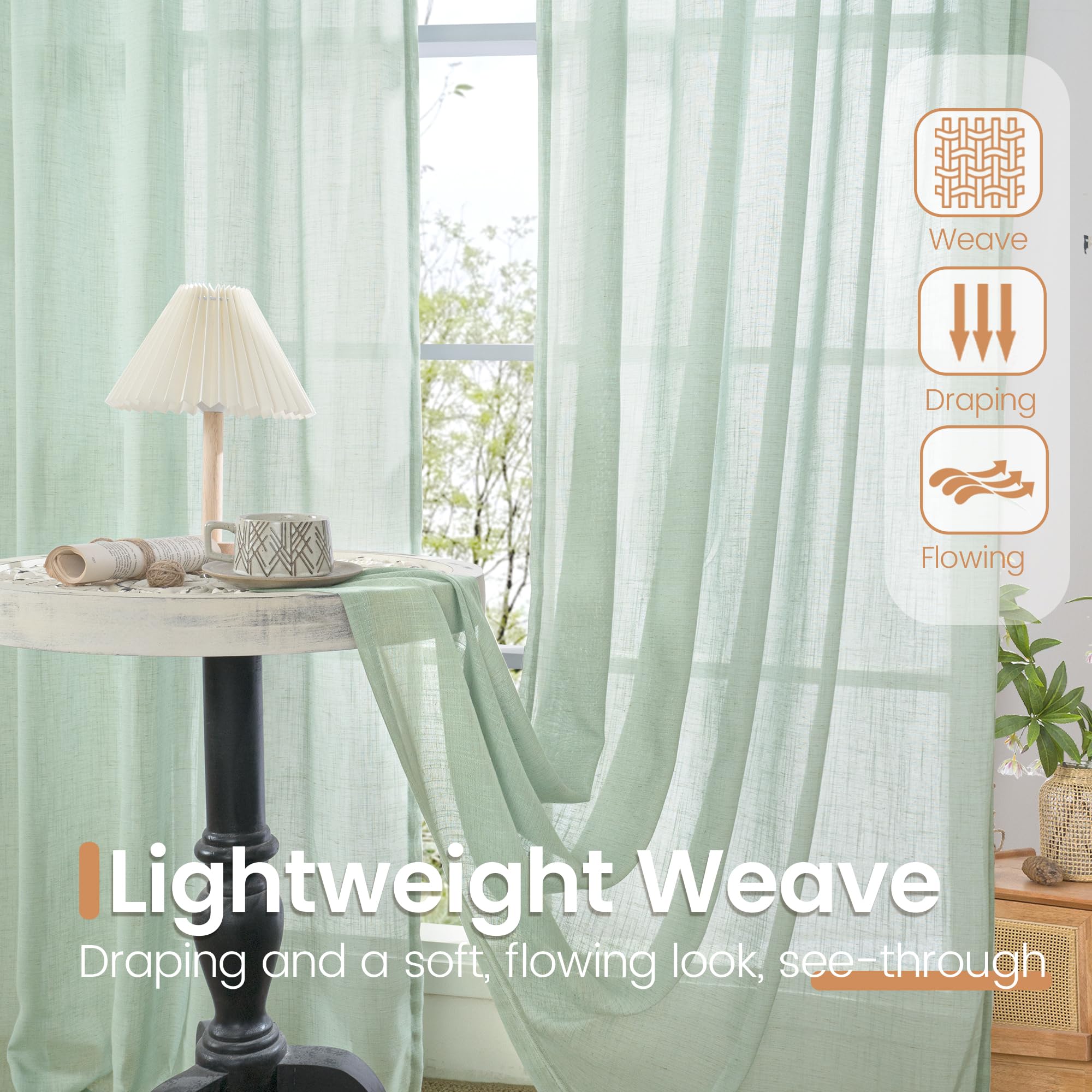 BGment Light Green Linen Curtains 45 Inch Length - Small Window Drapes Lightweight with Rod Pocket for Bathroom Kitchen Window Spring Decor, 2 Panels Set, 30 X 45 Inch