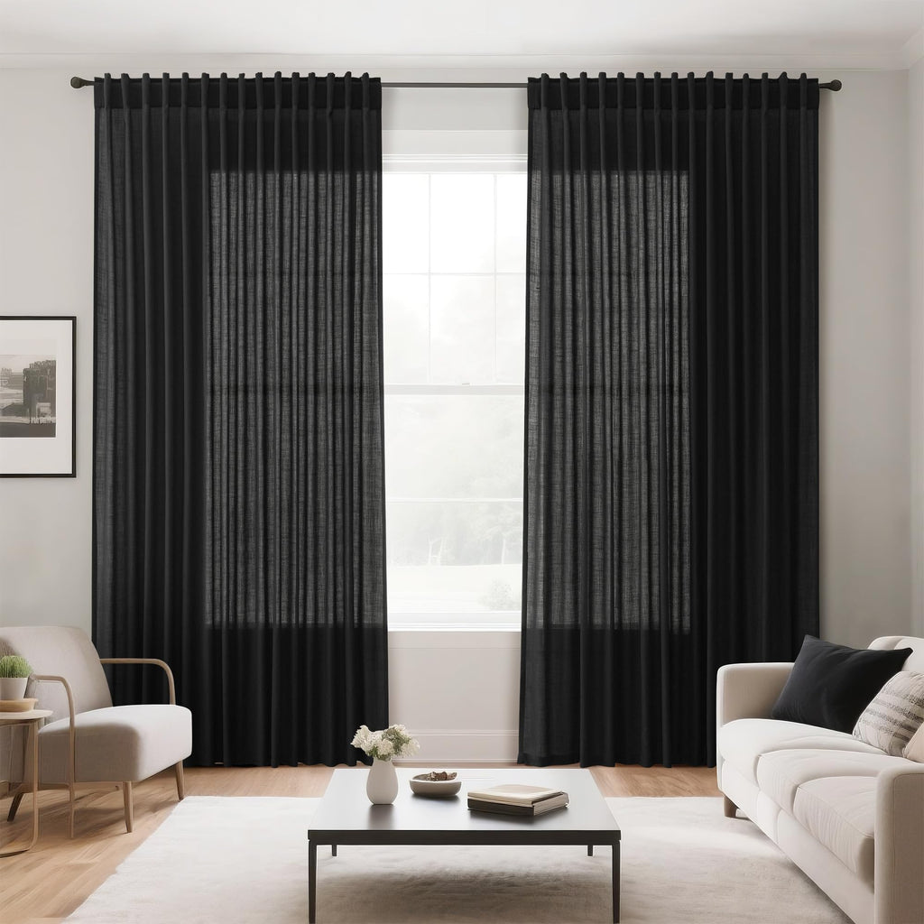Black Large Window Curtains Light Filtering Semi Sheer Privacy Linen Textured Curtain for Patio Sliding Glass Door Extra Wide Rustic Farmhouse Drapes for Living Room Bedroom Sunroom 100x90 Inch