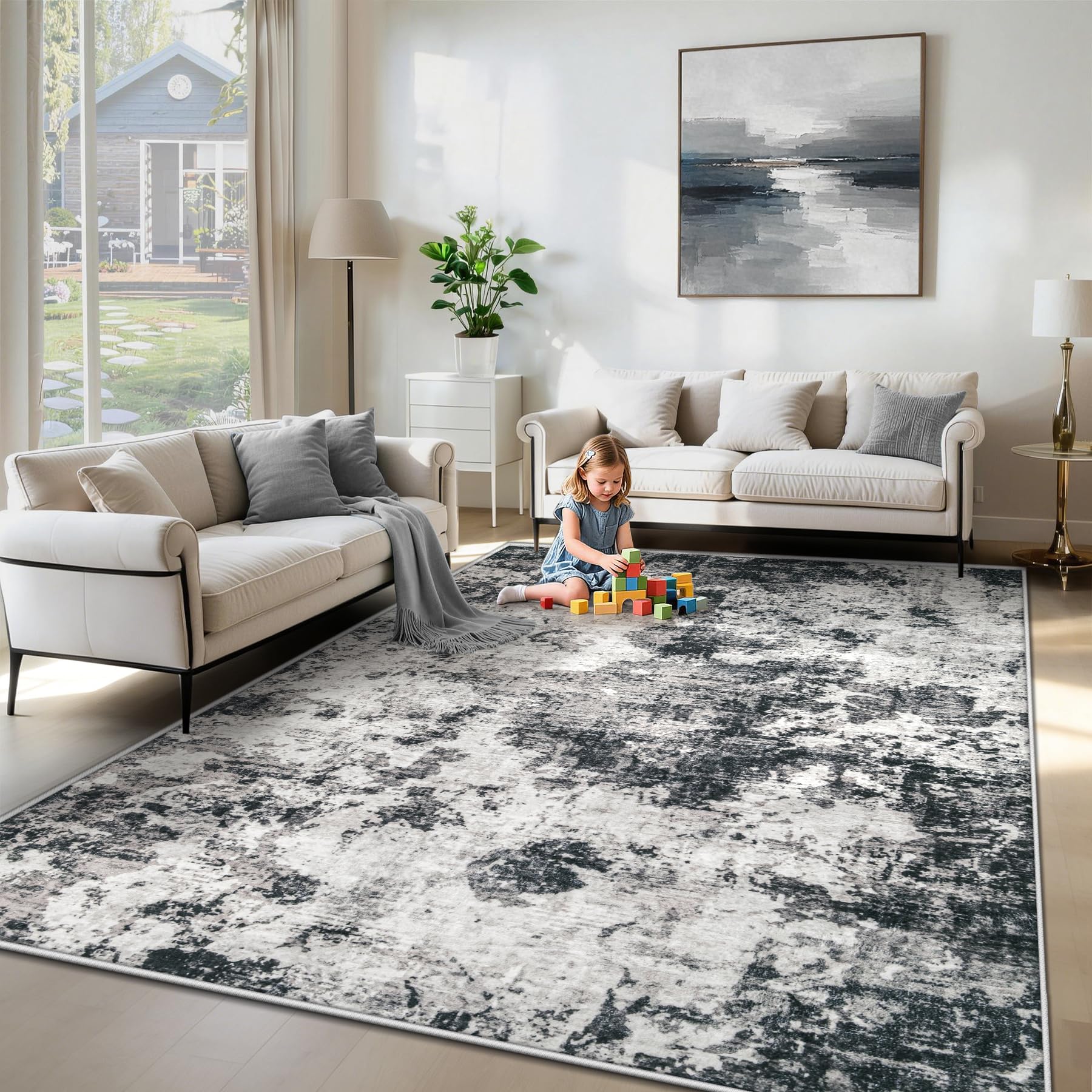 XLUEZ 6x9 Area Rugs for Living Room, Washable Modern Abstract Large Area Rug Neutral Soft Non Slip Kids Rug Stain Resistant Indoor Carpet for Bedroom Nursery Dining Room Playroom(Black, 6'x9')